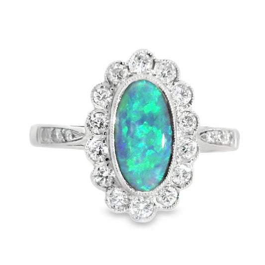 18ct White Gold Black Opal & Diamond Cluster Ring
