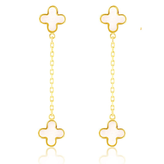 9ct Yellow Gold Mother of Pearl Clover Drop Earrings