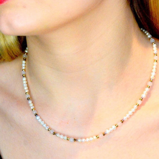 Coeur De Lion Romantic Freshwater Pearls and Rose Quartz Gold Necklace 1109/10-1920
