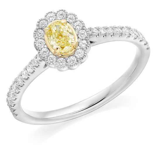 PLT 0.75CT YELLOW AND WHITE DIAMOND HALO RING
