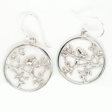 Silver Open Disc Birds On Branch Drop Earring