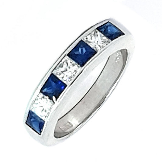 18ct White Gold Princess Cut Sapphire & Diamond Half Eterity Ring