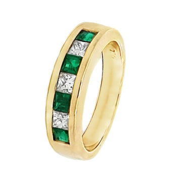 18ct Yellow Gold Princess Cut Emerald & Diamond Channel Set Eternity Ring