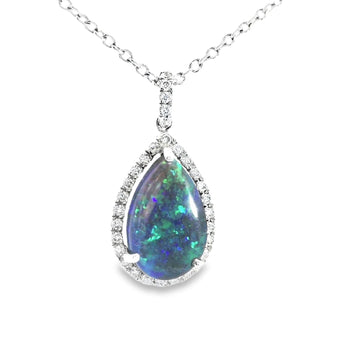 18ct White Gold Pear shaped Natural Black Opal and Diamond Cluster Pendant and Chain.