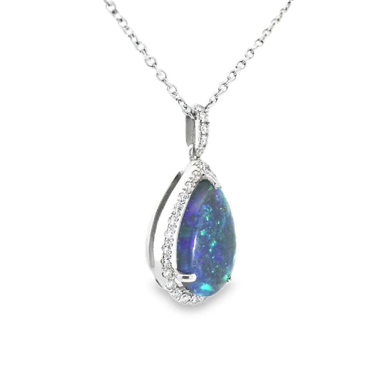 18ct White Gold Pear shaped Natural Black Opal and Diamond Cluster Pendant and Chain.