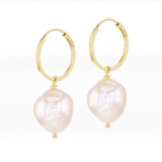 9ct Yellow Gold Hoop With Baroque Pearl Drop Earrings