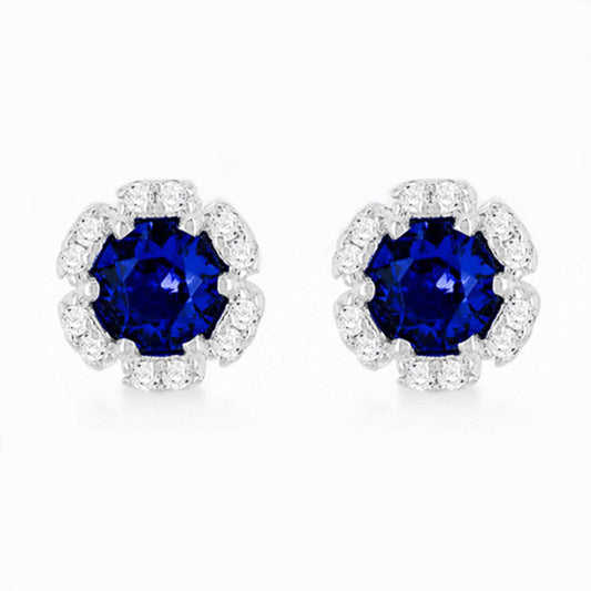 Silver Dark Blue & White Cubic Zirconia Flower Cluster Stud Earrings