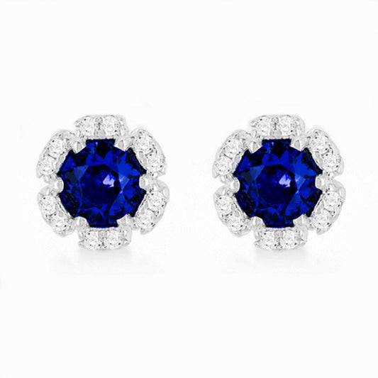 Silver Dark Blue & White Cubic Zirconia Flower Cluster Stud Earrings