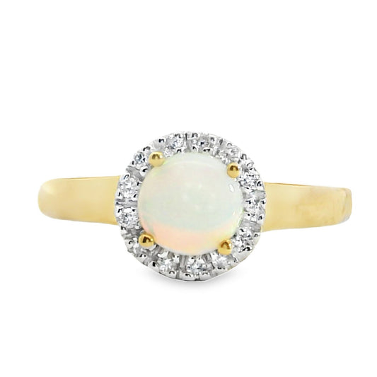 9ct Yellow Gold Round Opal & Diamond 0.10ct Cluster Ring