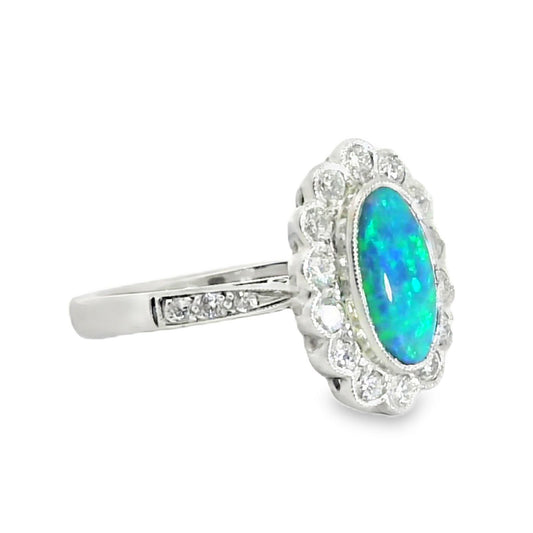 18ct White Gold Black Opal  & Diamond Cluster Ring