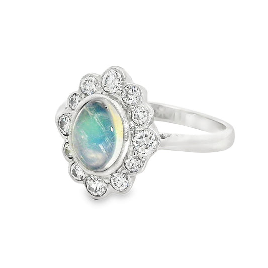 18ct White Gold Moonstone & Diamond Cluster Ring