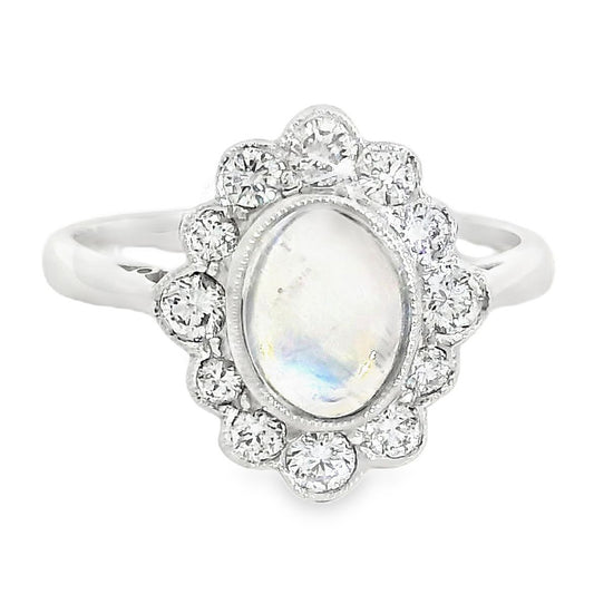 18ct White Gold Moonstone & Diamond Cluster Ring