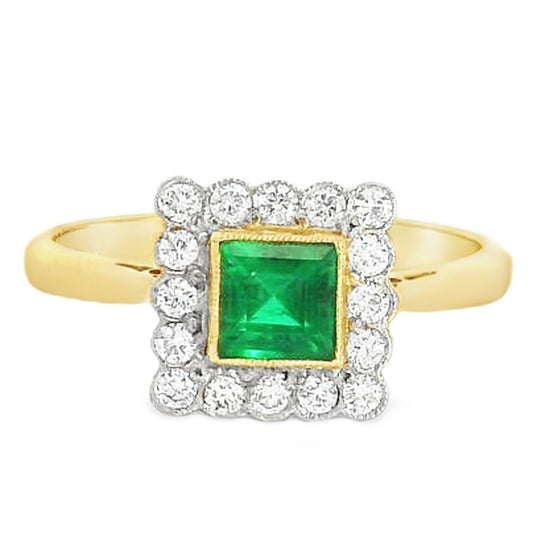 18ct Yellow Gold Emerald & Diamond Square 0.68ct Cluster Ring