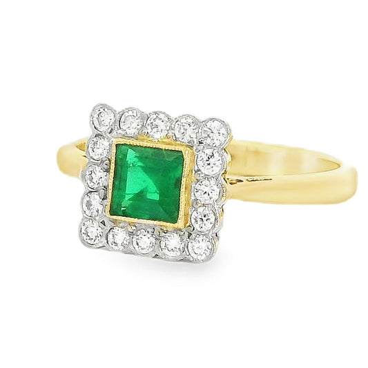 18ct Yellow Gold Emerald & Diamond Square 0.68ct Cluster Ring