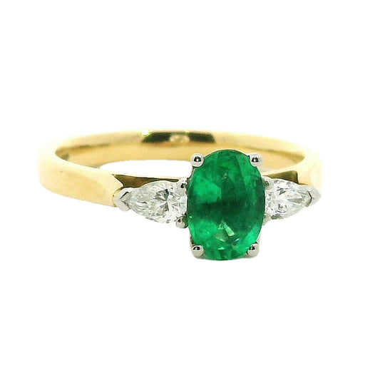 18ct Yellow Gold 0.99ct Oval Emerald  & Pear Cut Diamond Trilogy Ring