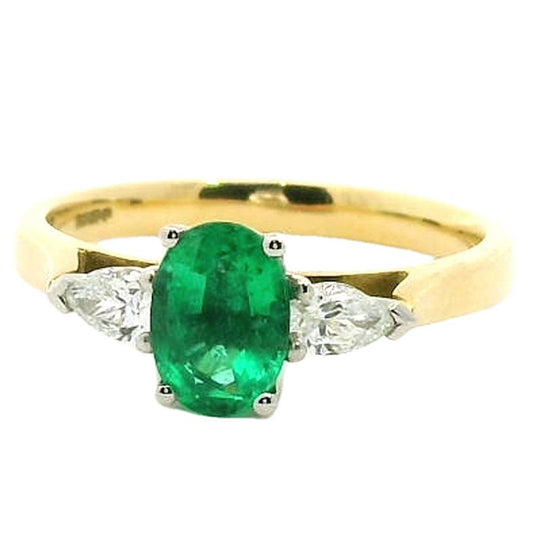 18ct Yellow Gold 0.99ct Oval Emerald  & Pear Cut Diamond Trilogy Ring