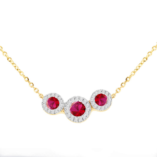 9ct Yellow Gold Diamond Laboratory Grown Ruby Trio Cluster Necklet