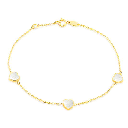 9ct Yellow Gold Mother of Pearl Heart Station Bracelet