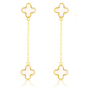 9ct Yellow Gold Mother of Pearl Clover Drop Earrings