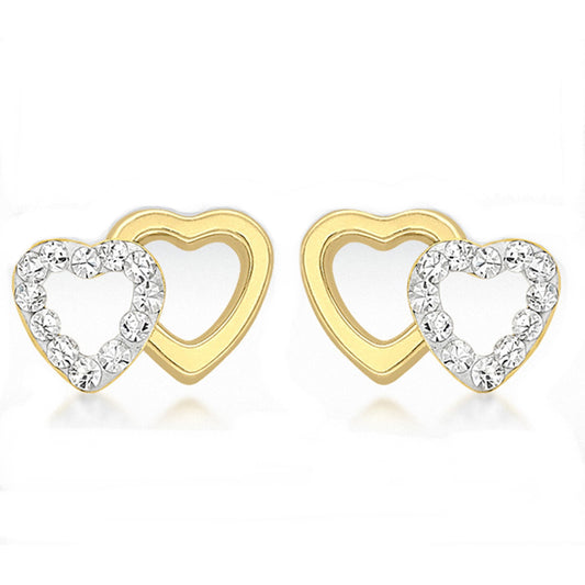 9ct Yellow Gold Double Open Heart Cubic Zirconia Stud Earrings