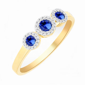 9ct Yellow Gold Trio Of Laboratory Sapphires & Diamond Halo Ring