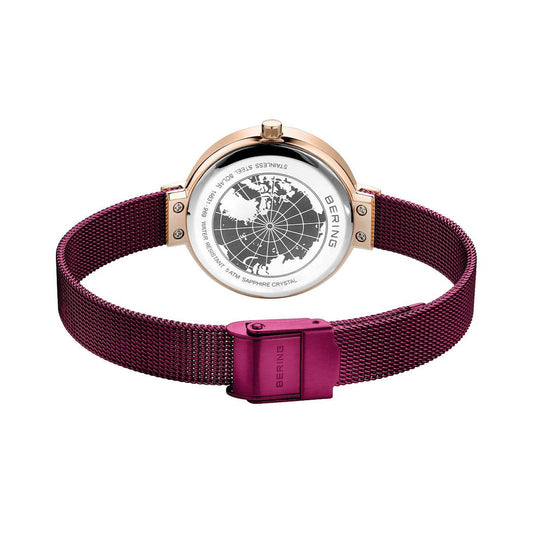 Bering Ladies Maroon Rose Gold Solar Powered Watch 14631-969