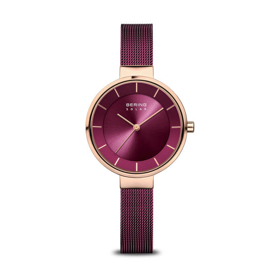 Bering Ladies Maroon Rose Gold Solar Powered Watch 14631-969