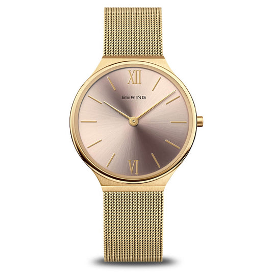 Bering Ladies Gold Tone Ultra Slim Pink Dial Quartz Watch 18434-336
