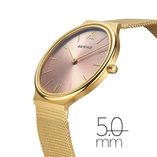 Bering Ladies Gold Tone Ultra Slim Pink Dial Quartz Watch 18434-336