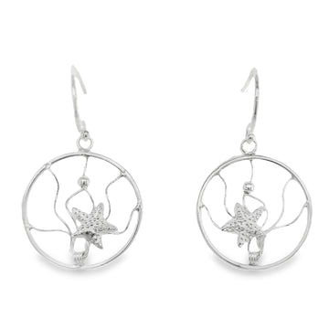 Silver 18mm Circle & Starfish Drop Earrings