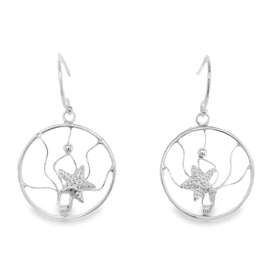 Silver 18mm Circle & Starfish Drop Earrings