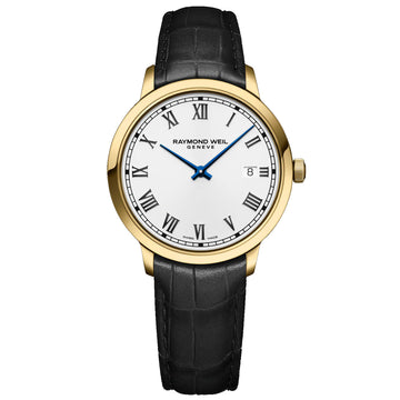 Raymond Weil Gents Toccata Gold Tone White Dial Black Strap Quartz Watch 5485-PC-00359
