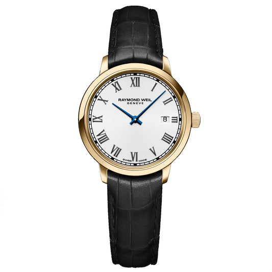 Raymond Weil Ladies Toccata Gold Tone Black Strap Quartz Watch 5985-Pc-00359