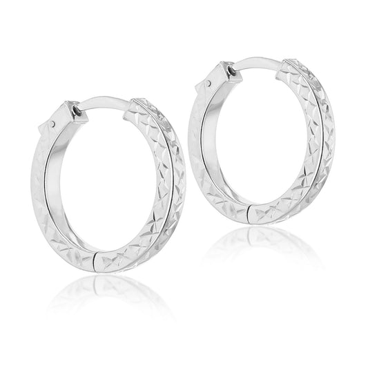 Silver 23mm Squared Diamond Cut  Hoop Earrings