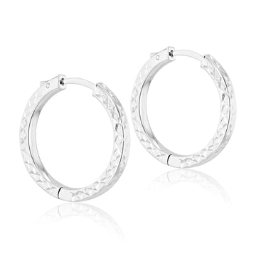 Silver 28mm Squared Diamond Cut Hoop Earrings