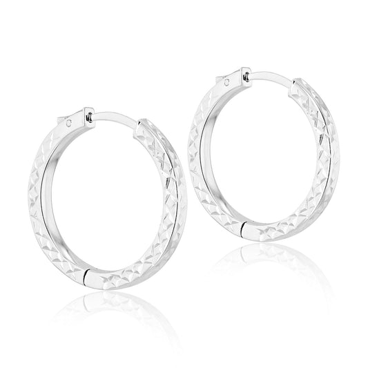 Silver 28mm Squared Diamond Cut Hoop Earrings