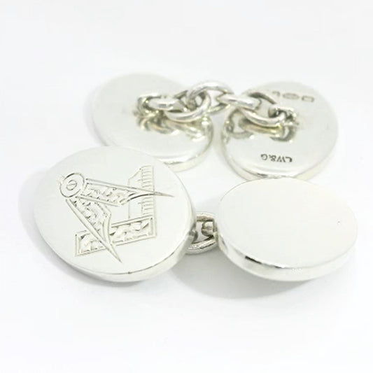 Silver Oval Chain Link Plain & Engraved Masonic Cufflinks