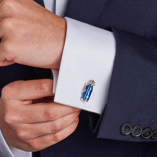 Silver Enamel Blue Golf Bag Cufflinks