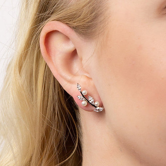 Diamonfire Silver Cubic Zirconia & White Pearl Crawler Stud Earrings