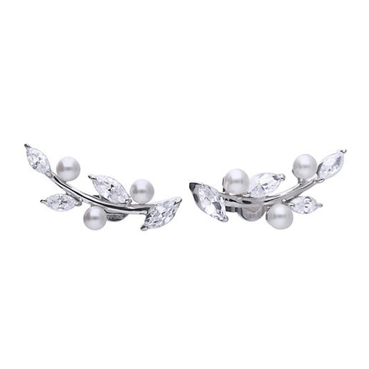 Diamonfire Silver Cubic Zirconia & White Pearl Crawler Stud Earrings