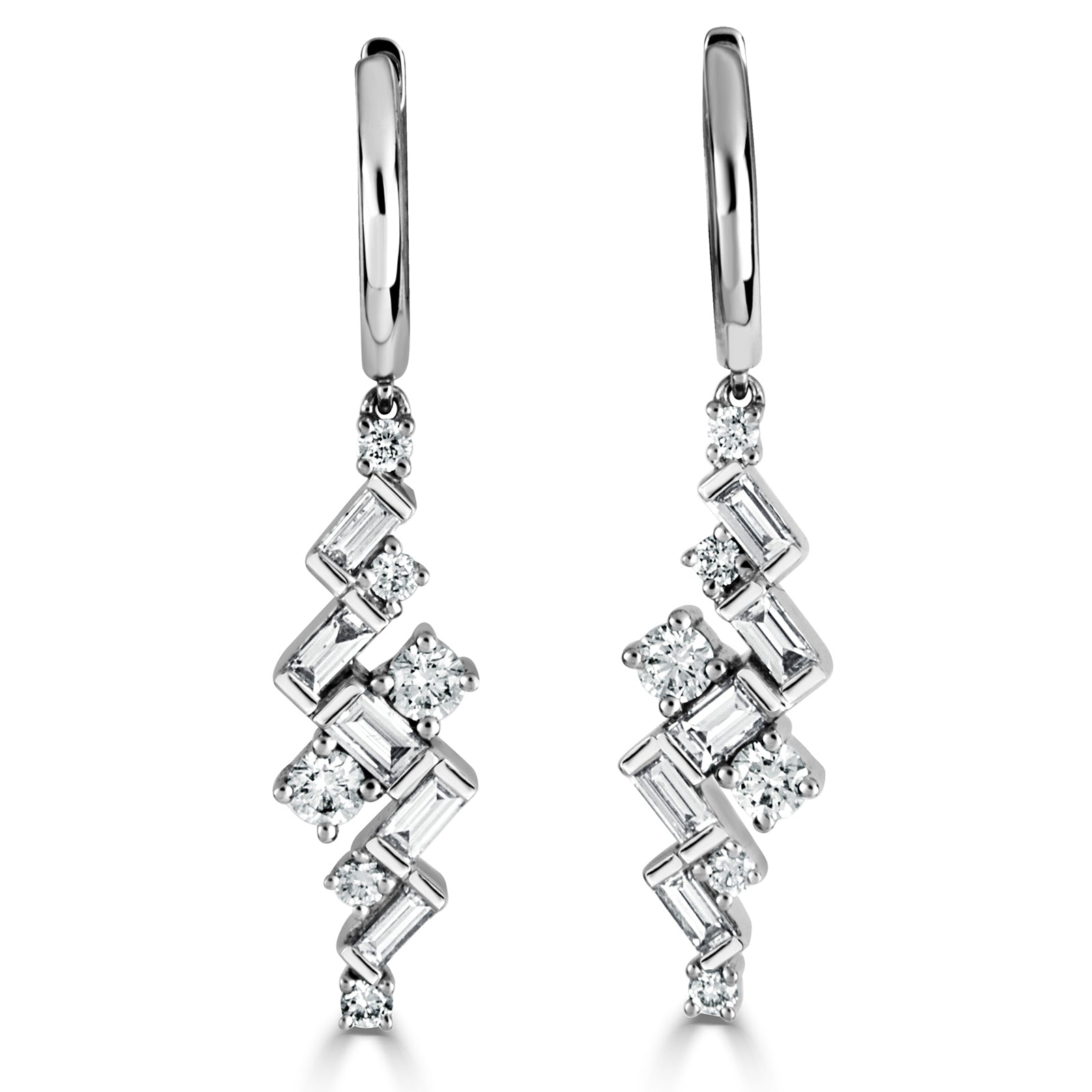 18CT WHITE GOLD DIAMOND 0.88CT BAGUETTE & ROUND CUT DROP EARRINGS