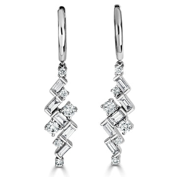 18CT WHITE GOLD DIAMOND 0.88CT BAGUETTE & ROUND CUT DROP EARRINGS