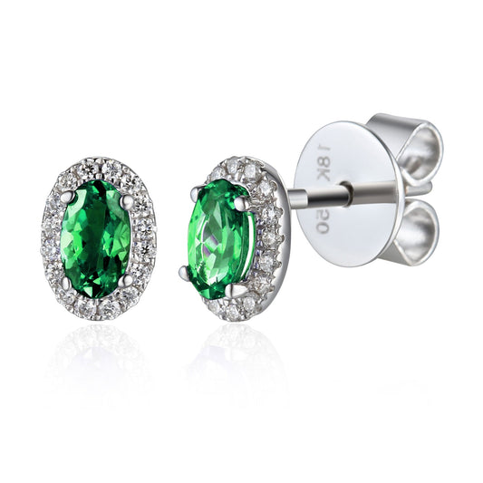 18W OVAL EMERALD 0.40CT & DIMOND 0.1CT CLUSTER STUD