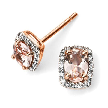 9R OVAL MORGANITE/DIAMOND CLUSTER STUD EARRING