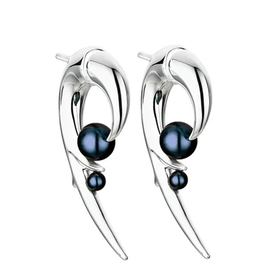 SHAUN LEANE SILVER & BLACK PEARL HOOKED PEARL EARRINGS CB051.SSBKEOS