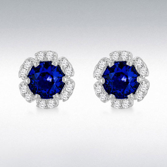 SIL/RHOD D.BLUE/WHITE CZ FLOWER CLUSTER STUD