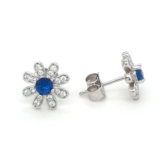 SIL WHITE/BLUE CZ FLOWER STUD