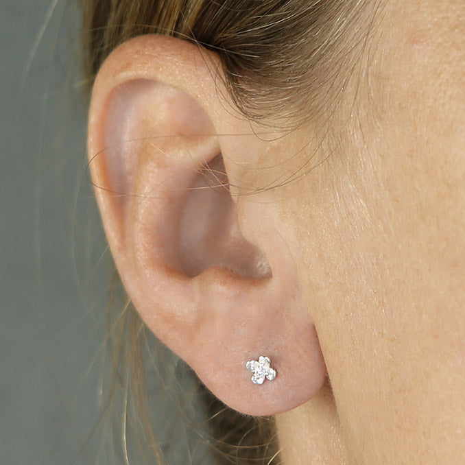 STERLING SILVER CUBIC ZIRCONIA TINY FLOWER STUD EARRINGS