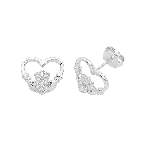 SIL CZ CLADDAGH HEART STUD