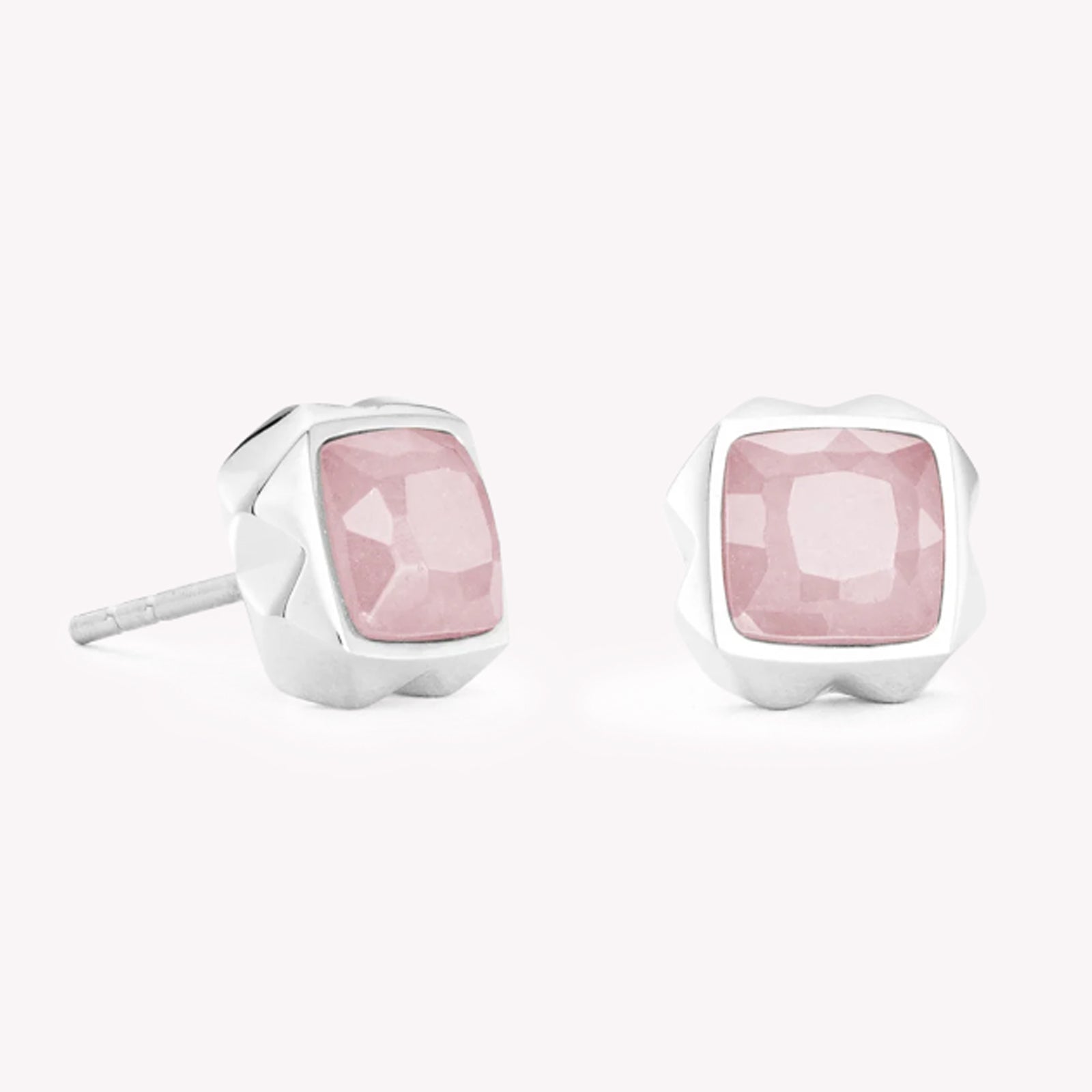 CDL SPIKES SQUARE ROSE QUARTZ SILVER-PINK EARRING